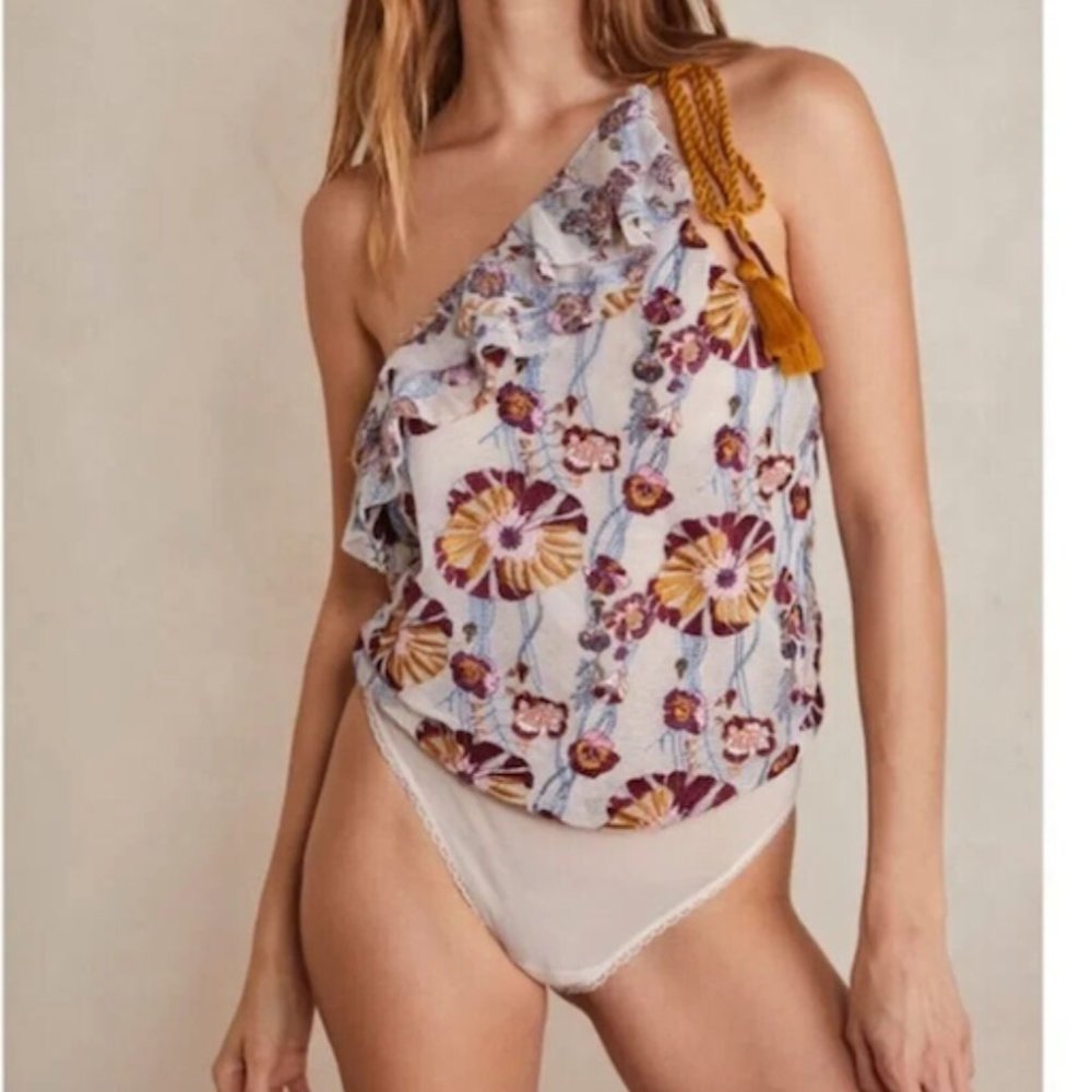 Free People Play Date Bodysuit Pink Plum Combo Floral Embroidered Ruffle Size M